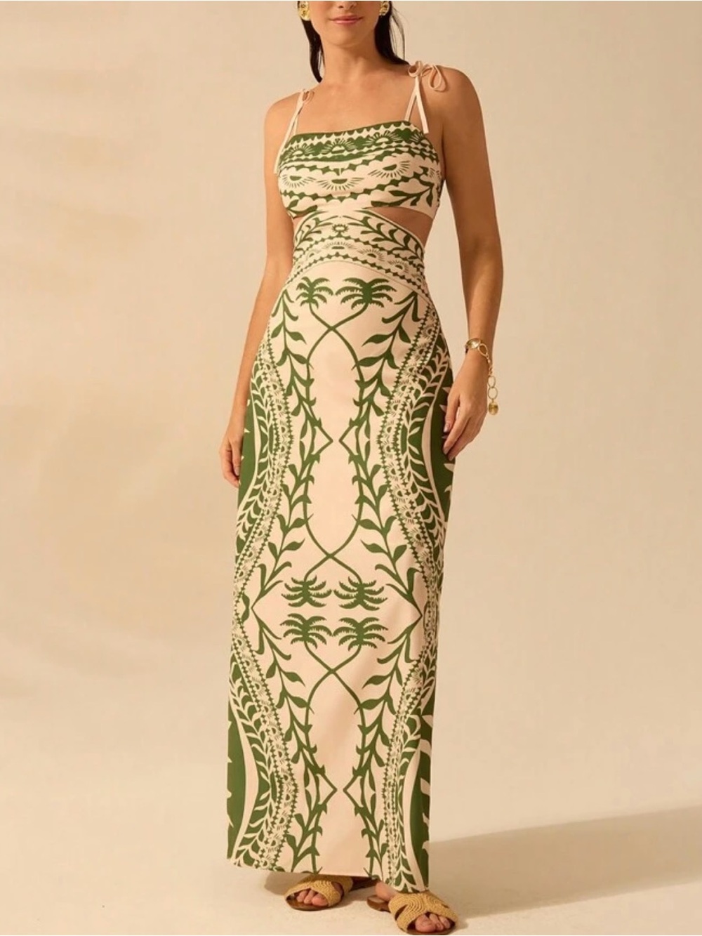Green & Cream Printed Maxi Dress
